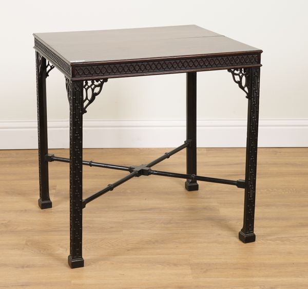 A GEORGE III RECTANGULAR MAHOGANY BLIND FRET CARVED CENTRE TABLE