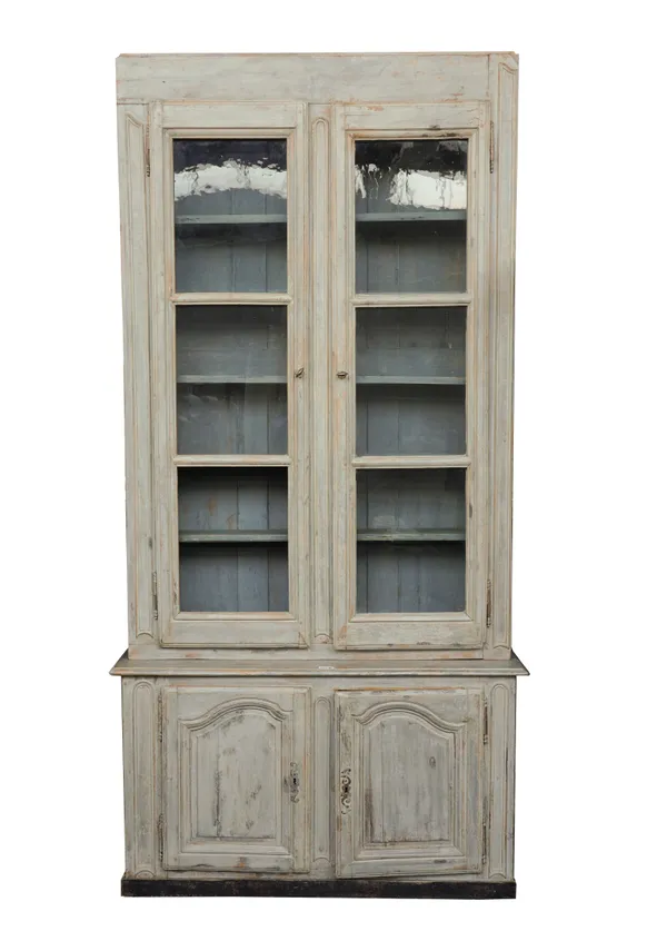 A 19TH CENTURY FRENCH LATER PAINTED DRESSER/BUFFET WITH PAIR OF GLAZED DOORS OVER ARCH PANEL DOORS