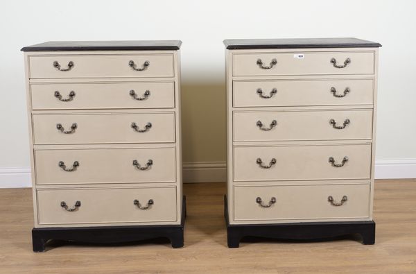 A PAIR OF TAUPE AND EBONISED PAINTED FIVE DRAWER CHESTS OF DRAWERS (2)