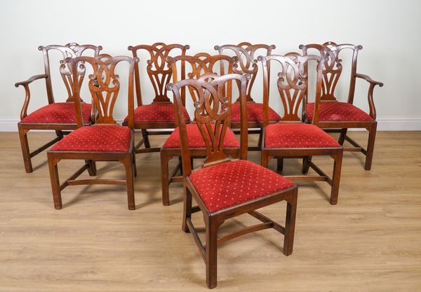 SIMKIN COLCHESTER; A SET OF EIGHT GEORGE III STYLE MAHOGANY PIERCED SPLAT BACK DINING CHAIRS (8)