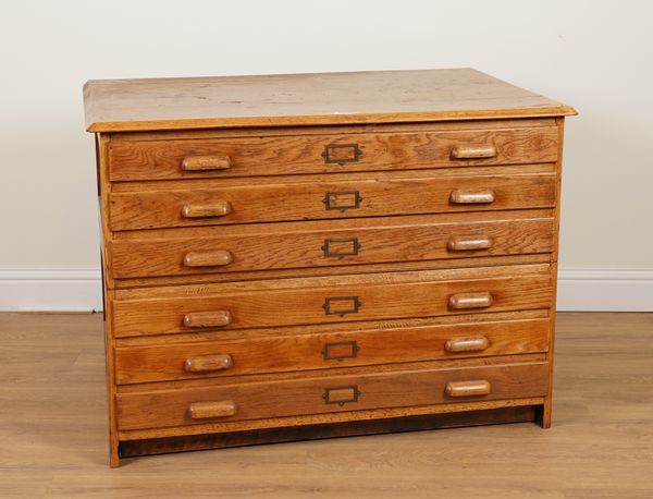 A 20TH CENTURY OAK TWO PART SIX DRAWER PLAN CHEST