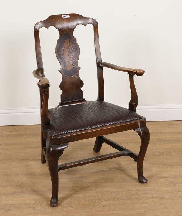 AN 18TH CENTURY INLAID WALNUT VASE BACK OPEN ARMCHAIR