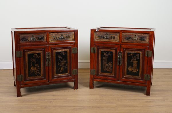 A PAIR OF EARLY 20TH CENTURY CHINESE EXPORT SIDE CABINETS WITH DRAWERS OVER CUPBOARD   (2)