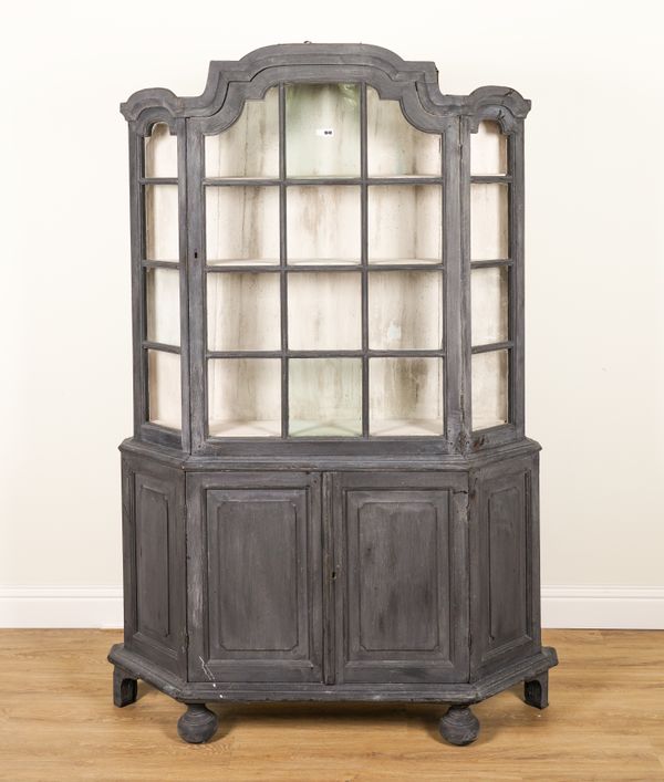 AN EARLY 19TH CENTURY DUTCH LATER GREY PAINTED BONNET TOPPED DISPLAY CABINET/CUPBOARD