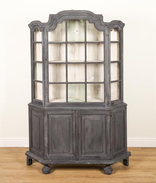 AN EARLY 19TH CENTURY DUTCH LATER GREY PAINTED BONNET TOPPED DISPLAY CABINET/CUPBOARD