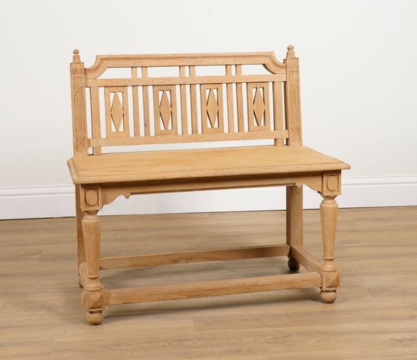 A 19TH CENTURY STRIPPED OAK HALL BENCH WITH PERIMETER STRETCHER