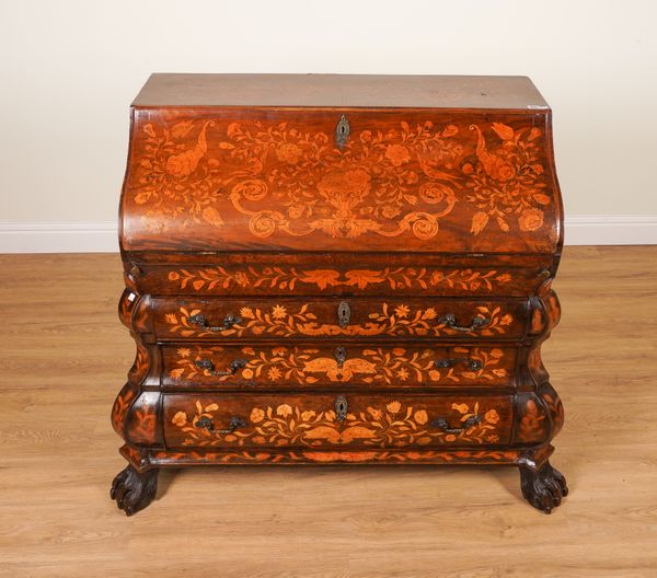 AN 18TH CENTURY DUTCH MARQUETRY INLAID WALNUT STEPPED AND WELLED BUREAU ON BOMBE THREE DRAWER BASE