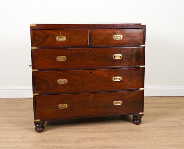 A CAMPAIGN STYLE BRASS BOUND MAHOGANY FIVE DRAWER CHEST OF DRAWERS