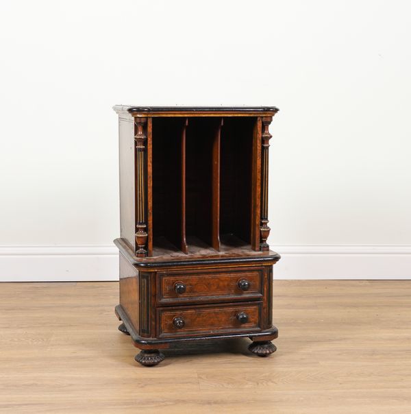 A VICTORIAN PARCEL GILT FIGURED WALNUT TWO DRAWER SIDE CABINET