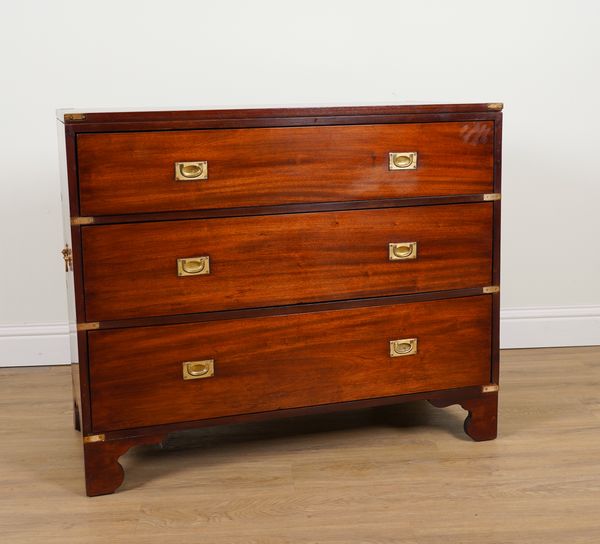 A CAMPAIGN STYLE MAHOGANY BRASS BOUND THREE DRAWER CHEST OF DRAWERS