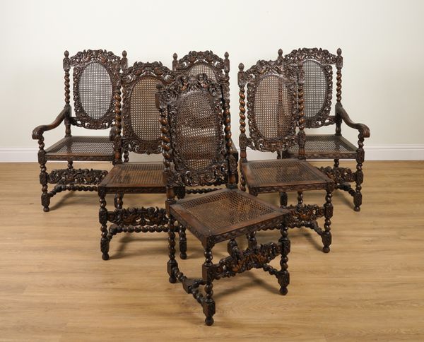 A SET OF SIX CAROLEAN REVIVAL CARVE OAK DINING CHAIRS (6)