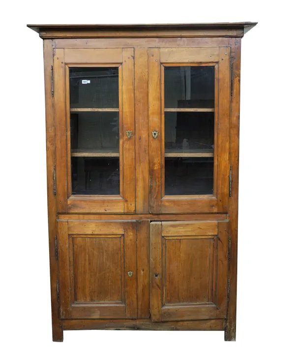 AN 18TH CENTURY FRENCH FRUITWOOD SEMI GLAZED DOUBLE HEIGHT CUPBOARD