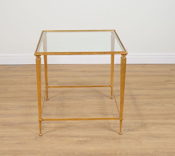 A GILT PAINTED METAL GLASS INSET SQUARE OCCASIONAL TABLE