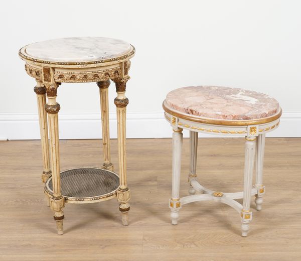 A LOUIS XVI STYLE CIRCULAR MARBLE TOPPED OCCASIONAL TABLE ON POLYCHROME PAINTED BASE (2)