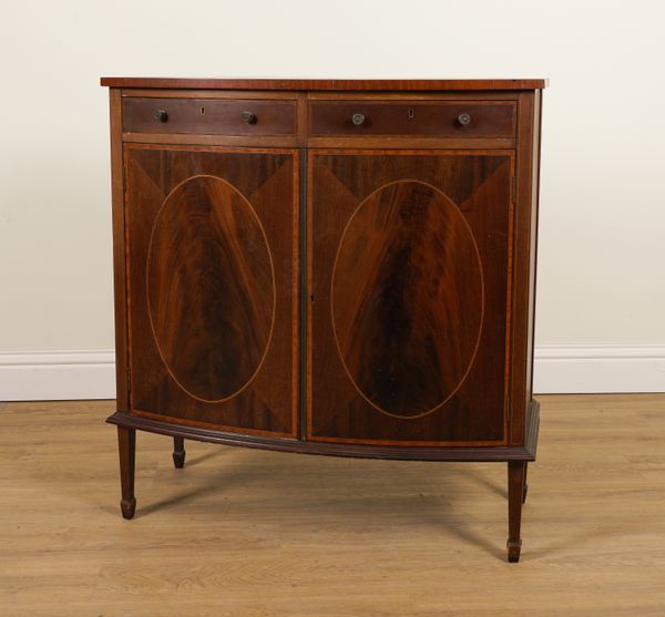 A LATE 19TH CENTURY SATINWOOD BANDED INLAID MAHOGANY BOWFRONT SIDE CABINET