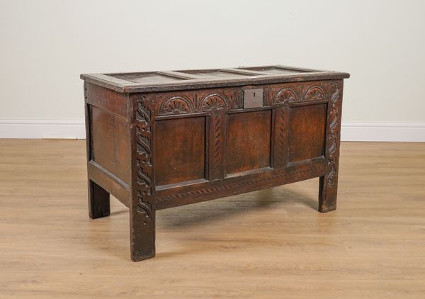 A 17TH CENTURY OAK TRIPLE PANEL COFFER