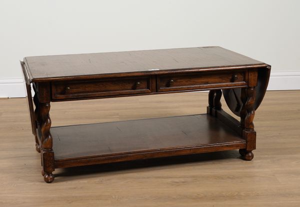 A 17TH CENTURY STYLE OAK DROP FLAP TWO DRAWER COFFEE TABLE