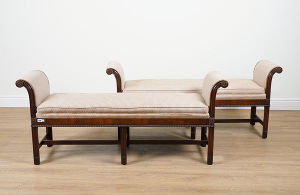 A PAIR OF MID 18TH CENTURY STYLE MAHOGANY SCROLL END WINDOW SEATS (2)