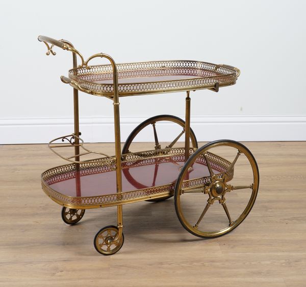 A 20TH CENTURY LACQUERED BRASS AND MAHOGANY TWO TIER SERVING TROLLEY