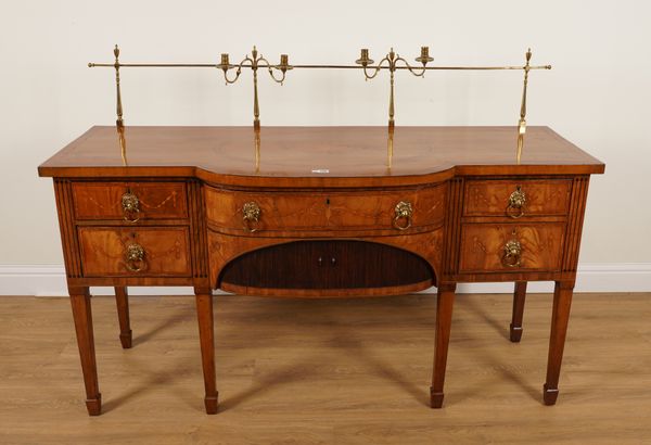 A GEORGE III MAHOGANY, MARQUETRY AND OUTLINED BOWFRONT SIDEBOARD