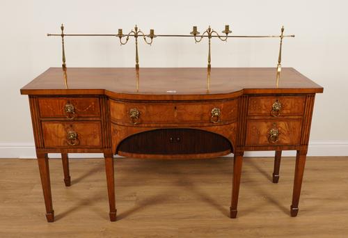 A GEORGE III MAHOGANY, MARQUETRY AND OUTLINED BOWFRONT SIDEBOARD