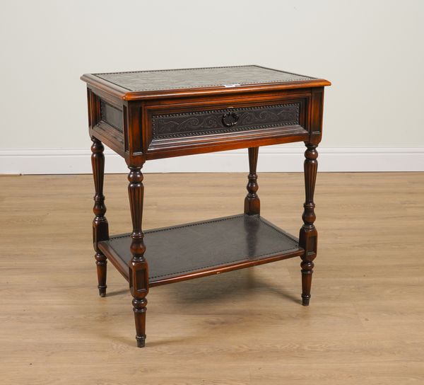 PROBABLY THEODORE ALEXANDER; AN EMBOSSED METAL VENEERED TWO TIER SINGLE DRAWER SIDE TABLE