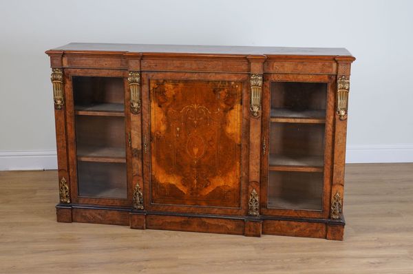 A VICTORIAN GILT-METAL MOUNTED MARQUETRY INLAID BURR WALNUT BREAKFRONT SIDE CABINET