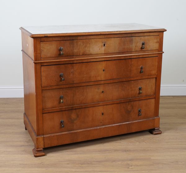 A LATE 19TH CENTURY FRENCH MARBLE TOPPED FRUITWOOD FOUR DRAWER COMMODE