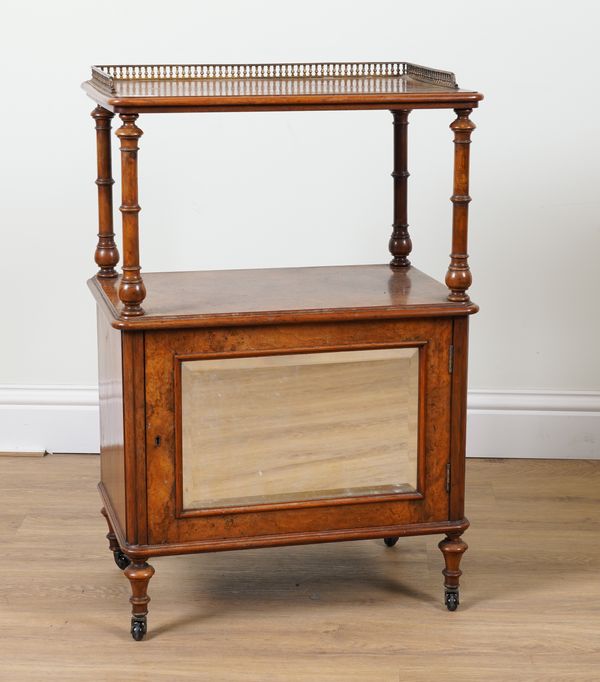 A VICTORIAN BURR WALNUT MIRRORED DOOR TWO TIER SIDE CABINET