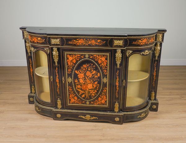 A 19TH CENTURY GILT-METAL MOUNTED FLORAL MARQUETRY INLAID EBONISED BREAKFRONT CREDENZA