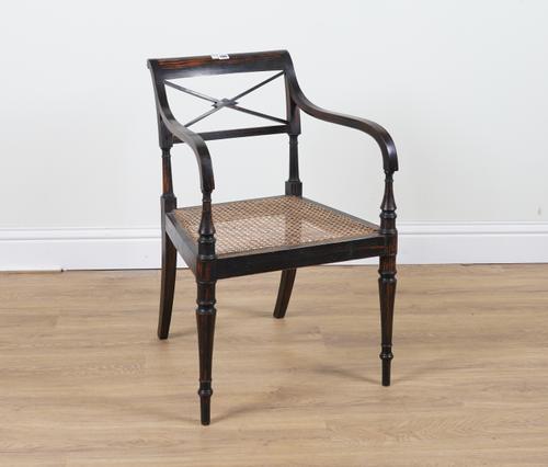A REGENCY STYLE FAUX COROMANDEL PAINTED OPEN ARMCHAIR