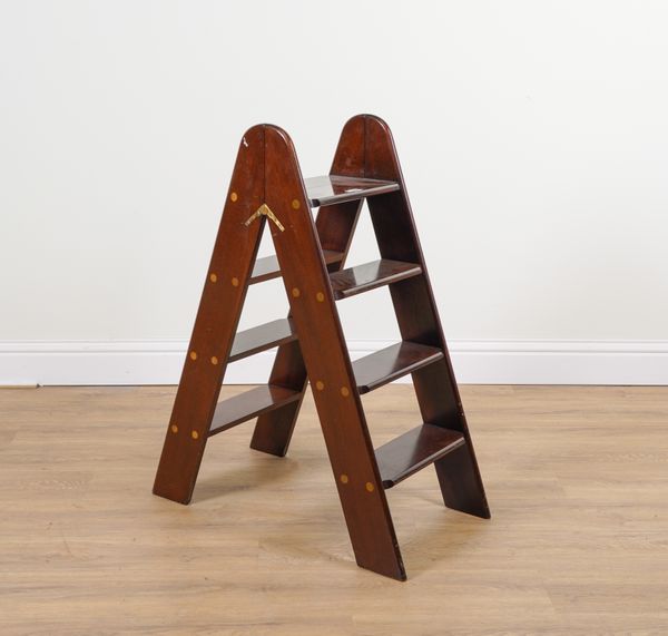 A PAIR OF BRASS INALID MAHOGANY FOLDING A-FRAME LIBRARY STEPS