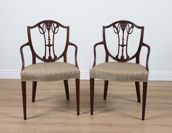 A PAIR OF HEPPLEWHITE REVIVAL MAHOGANY FRAMED OPEN ARMCHAIRS (2)