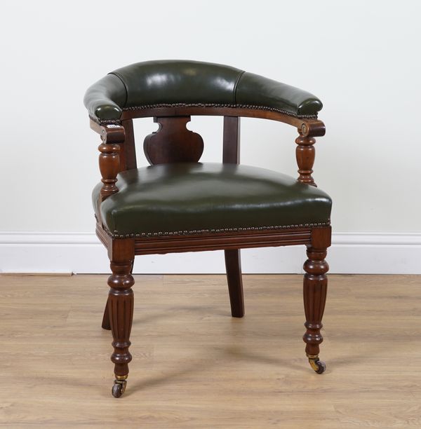 A STUDDED GREEN LEATHER UPHOLSTERED MAHOGANY FRAMED TUB BACK DESK CHAIR