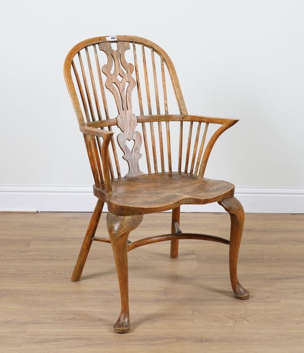 A 19TH CENTURY ASH AND ELM PIERCED SPLAT BACK WINDSOR CHAIR WITH CRINOLINE STRETCHER