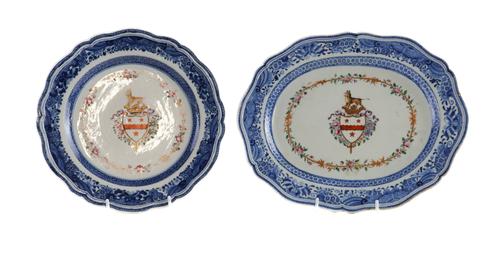 CHINESE FAMILLE-ROSE ARMORIAL SHAPED OVAL PLATTER AND A PLATE (2)
