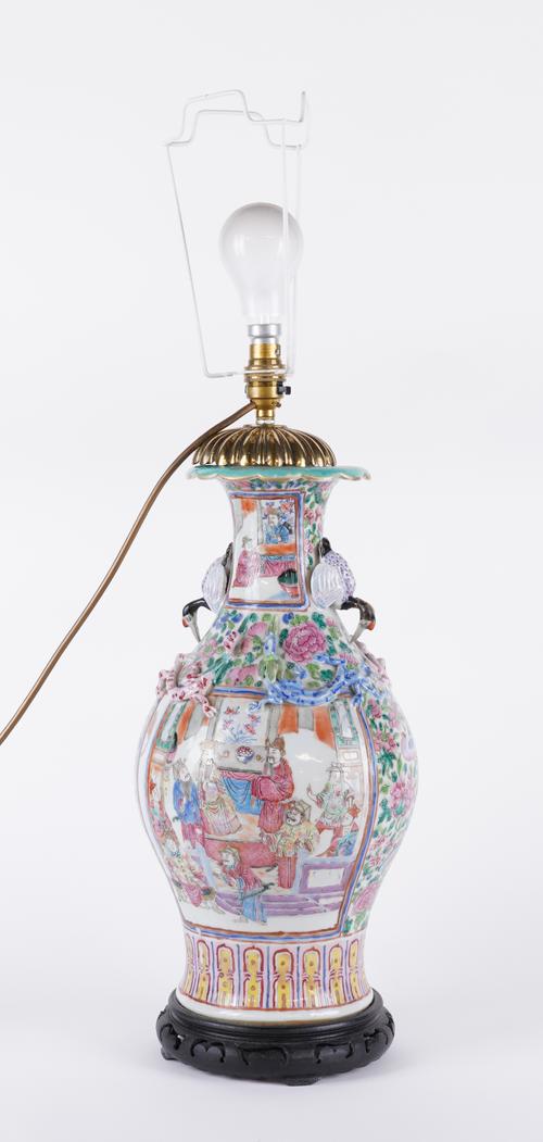 A CANTON FAMILLE-ROSE BALUSTER VASE ADAPTED AS A LAMP