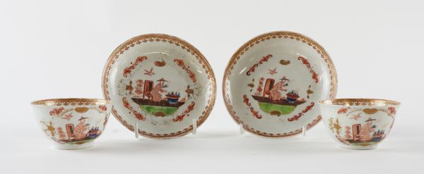 A PAIR OF CHINESE EXPORT FAMILLE-ROSE TEABOWLS AND SAUCERS IN MEISSEN STYLE (4)