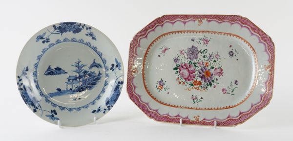 A CHINESE BLUE AND WHITE DEEP PLATE AND AND AN EXPORT FAMILLE-ROSE OCTAGONAL DISH (2)