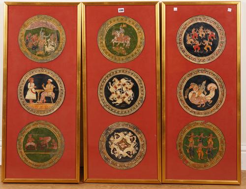 NINE CIRCULAR PAINTED LEATHER TABLE MATS