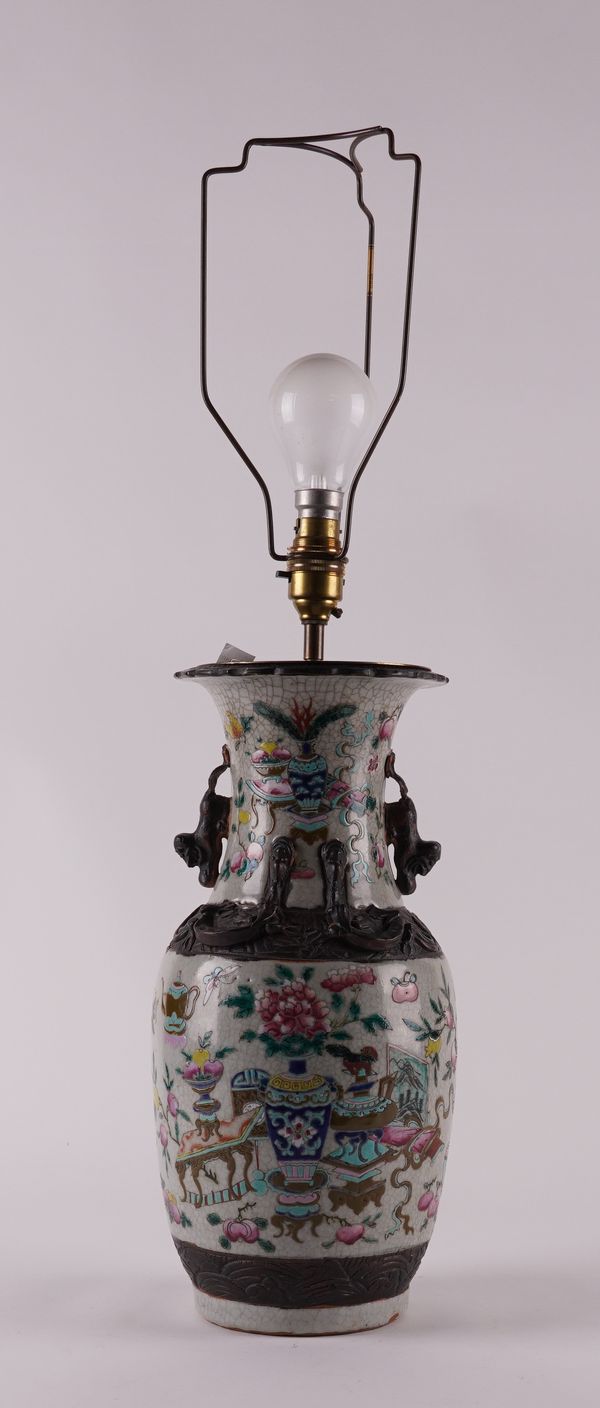 A CHINESE CRACKLE GLAZED FAMILLE-ROSE VASE ADAPTED AS A LAMP