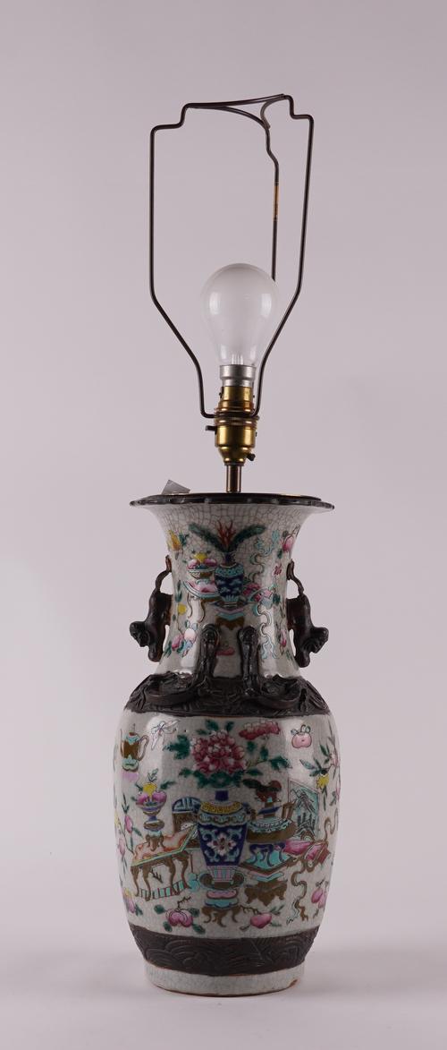 A CHINESE CRACKLE GLAZED FAMILLE-ROSE VASE ADAPTED AS A LAMP