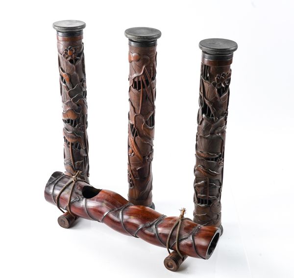 THREE TALL CHINESE CARVED AND PIERCED BAMBOO INCENSE HOLDERS