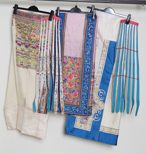 THREE CHINESE EMBROIDERED SILK PLEATED SKIRTS