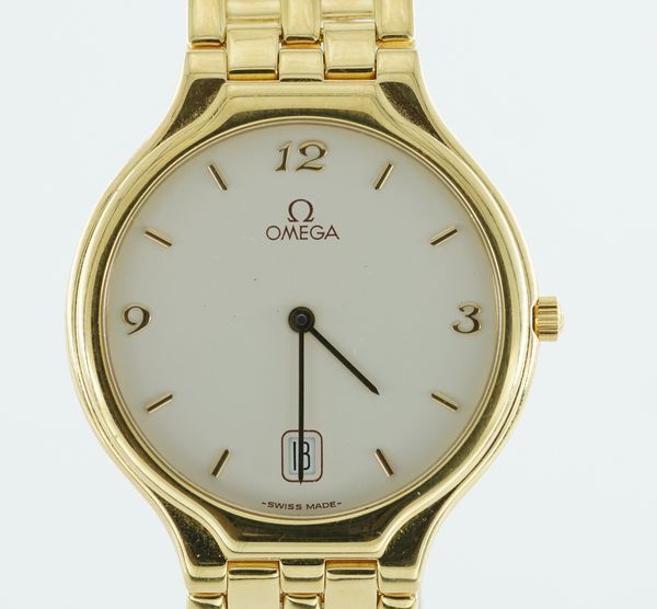 OMEGA DE VILLE SYMBOL. AN 18K GOLD QUARTZ CALENDAR BRACELET WRISTWATCH