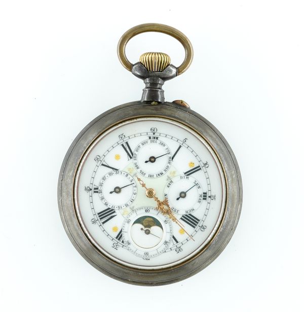 A GUNMETAL KEYLESS WIND OPENFACED CALENDAR GOLIATH POCKET WATCH