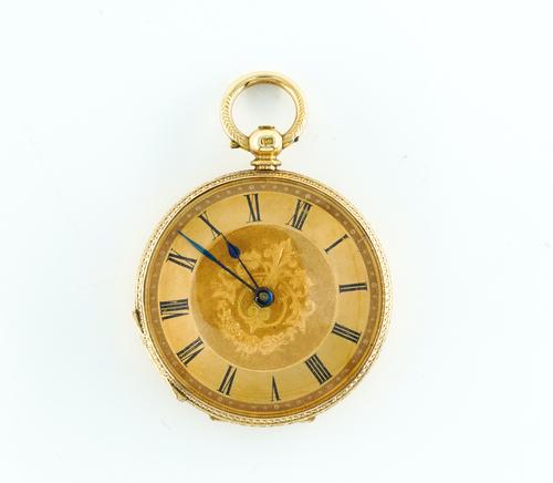 AN 18K GOLD CASED KEY WIND OPENFACED POCKET WATCH