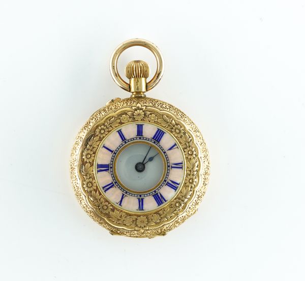 A SWISS 18K GOLD AND ENAMEL HALF HUNTER KEYLESS WIND FOB WATCH