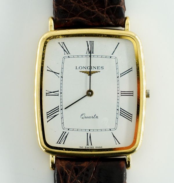 LONGINES. AN 18CT GOLD QUARTZ WRISTWATCH