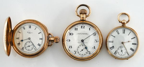 WALTHAM. AN AMERICAN GOLD CASED KEY WIND OPENFACED POCKET WATCH AND TWO GOLD PLATED POCKET WATCHES (3)